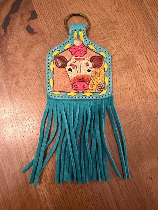 Source Unknown Accessories - Source Unknown Teal Fringe Keychain with Colorful Cow Design